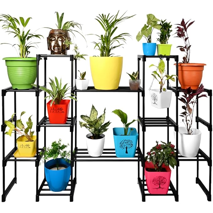 long plant pot Keeva 12 Step Long Plant Stand (Black) For Balcony, Living Room, Flowe