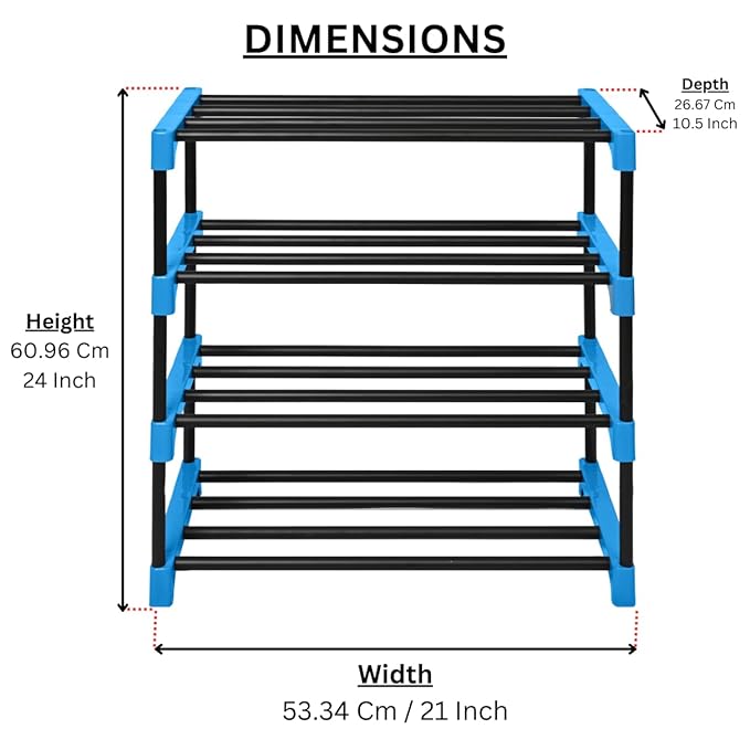 Keeva Multipurpose Rustproof PVC Plastic Shoe Rack for Home/Office, Foldable Storage Stand | Easy to Move & Assemble, Upto 10 Shoe Pair (4 Shelves, Black,Blue)