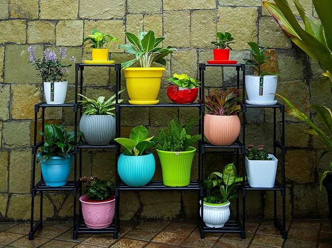 Keeva 12 Step Long Plant Stand (Black) For Balcony, Living Room, Flower Pot Gamla Stand Indoor/Outdoor, Planter Stand For Decor