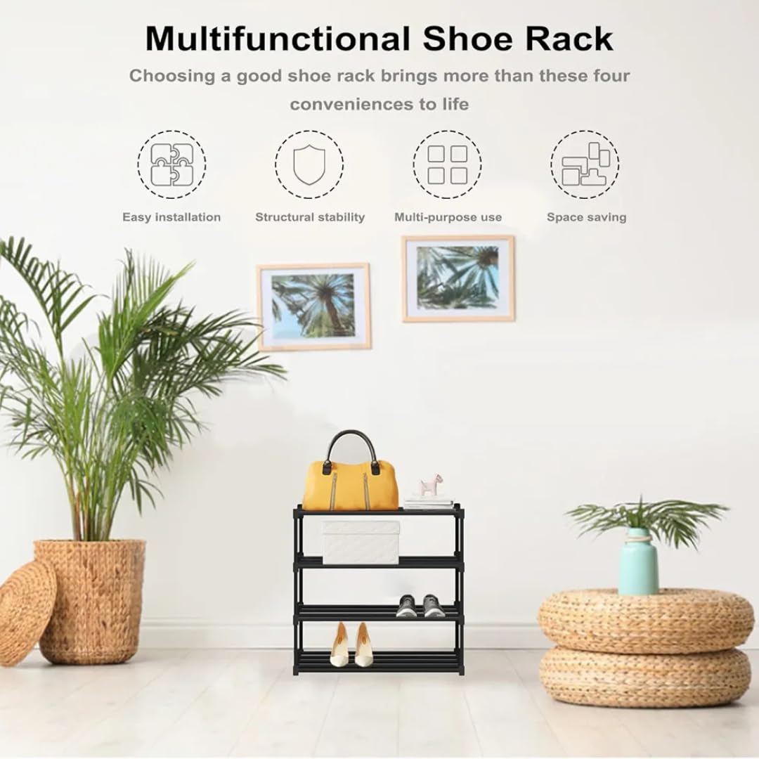 Keeva Multipurpose Rustproof PVC Plastic Shoe Rack for Home/Office, Foldable Storage Stand | Easy to Move & Assemble, Upto 10 Shoe Pair (4 Shelves, Black,Blue)