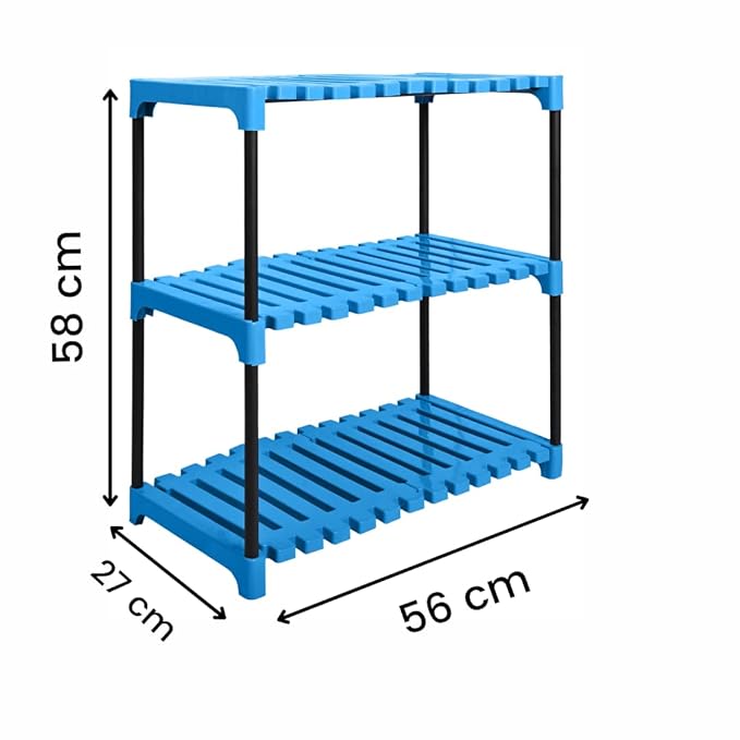 Keeva Multipurpose Plastic & Metal Storage Rack for Shoes Stand, Kids Rack, Cloth Rack, Book Shelves, Books Rack, Book Shelf, Kitchen Storage Rack, Multipurpose Rack (3 Step, Blue)
