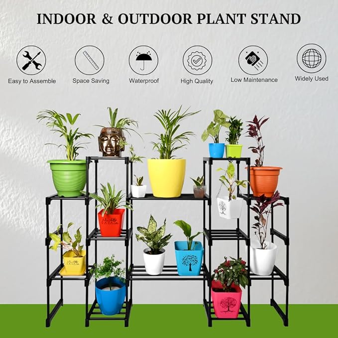 Keeva 12 Step Long Plant Stand (Black) For Balcony, Living Room, Flower Pot Gamla Stand Indoor/Outdoor, Planter Stand For Decor