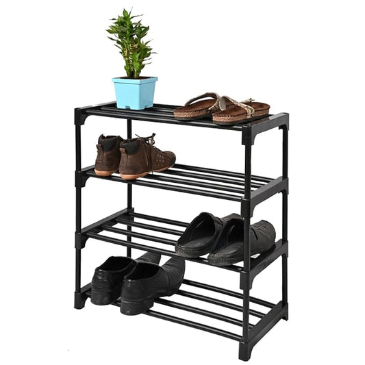Keeva Multipurpose Rustproof PVC Plastic Shoe Rack for Home/Office, Foldable Storage Stand | Easy to Move & Assemble, Upto 10 Shoe Pair (4 Shelves, Black,Blue)
