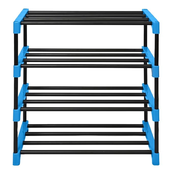 Keeva Multipurpose Rustproof PVC Plastic Shoe Rack for Home/Office, Foldable Storage Stand | Easy to Move & Assemble, Upto 10 Shoe Pair (4 Shelves, Black,Blue)