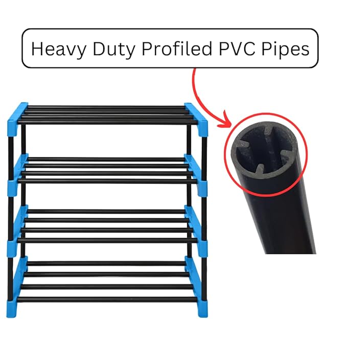 Keeva Multipurpose Rustproof PVC Plastic Shoe Rack for Home/Office, Foldable Storage Stand | Easy to Move & Assemble, Upto 10 Shoe Pair (4 Shelves, Black,Blue)