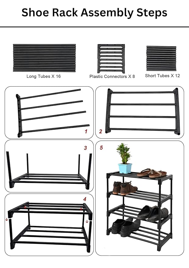 Keeva Multipurpose Rustproof PVC Plastic Shoe Rack for Home/Office, Foldable Storage Stand | Easy to Move & Assemble, Upto 10 Shoe Pair (4 Shelves, Black,Blue)