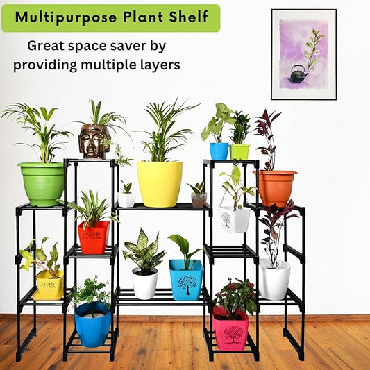 Keeva 12 Step Long Plant Stand (Black) For Balcony, Living Room, Flower Pot Gamla Stand Indoor/Outdoor, Planter Stand For Decor